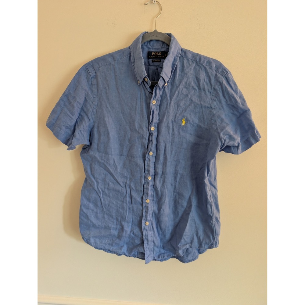Polo Ralph Lauren Mens Blue 100% Linen Short Sleeve Button Down Shirt Medium